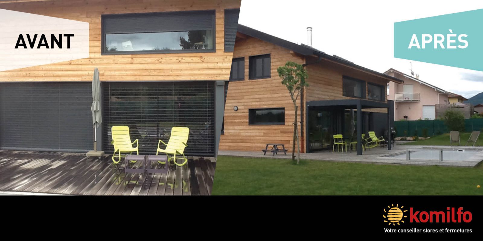 Réalisation avant-après d'une pergola bioclimatique par Chablais Stores Fermetures en Haute-Savoie