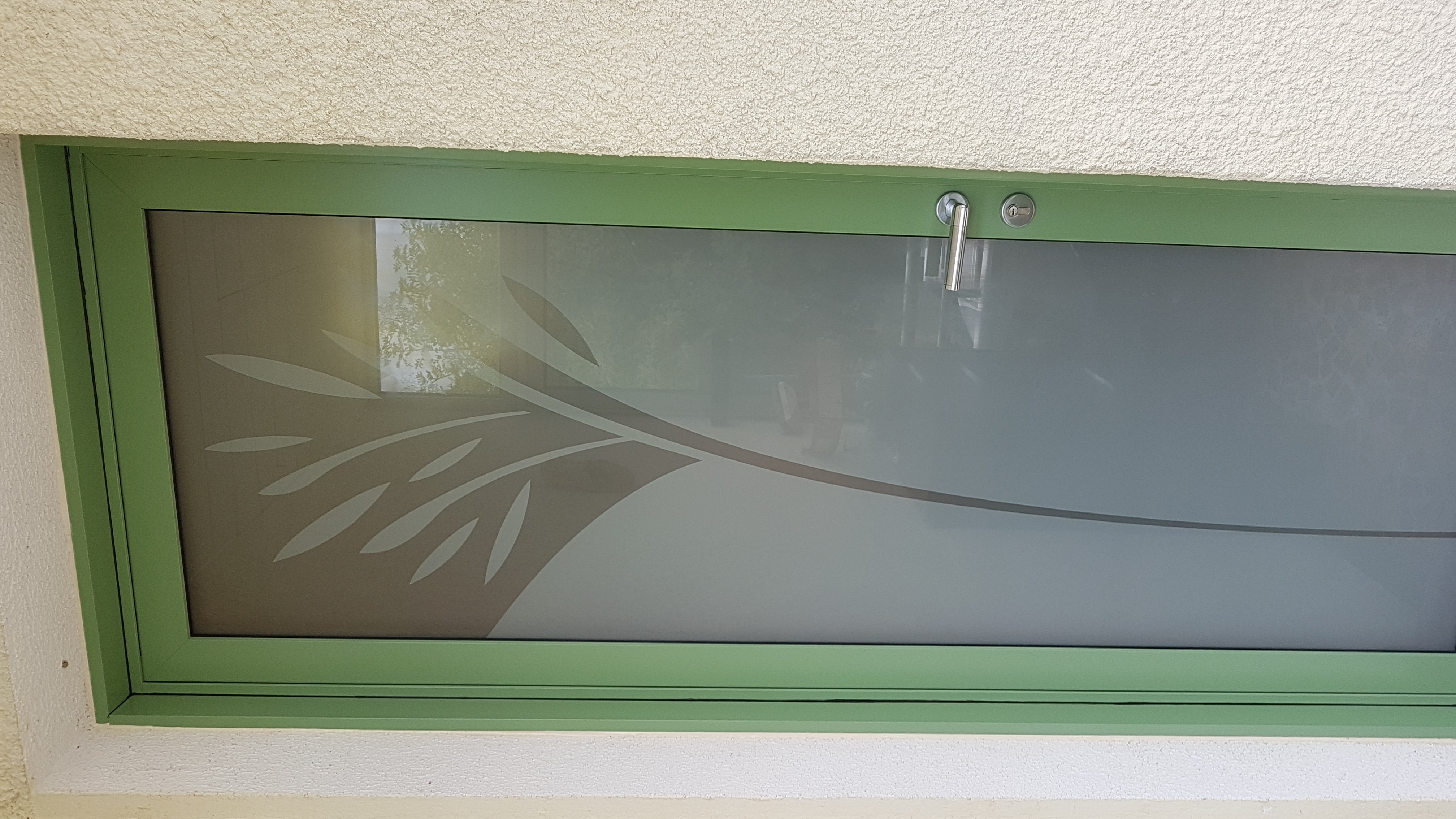 porte vitrée avec vitrage décoratif et encadrement vert